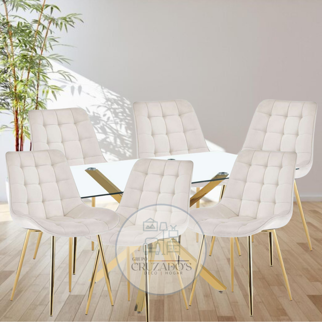Mesa Dorada 140x90cm + Silla Capitoné  Patas Dorada