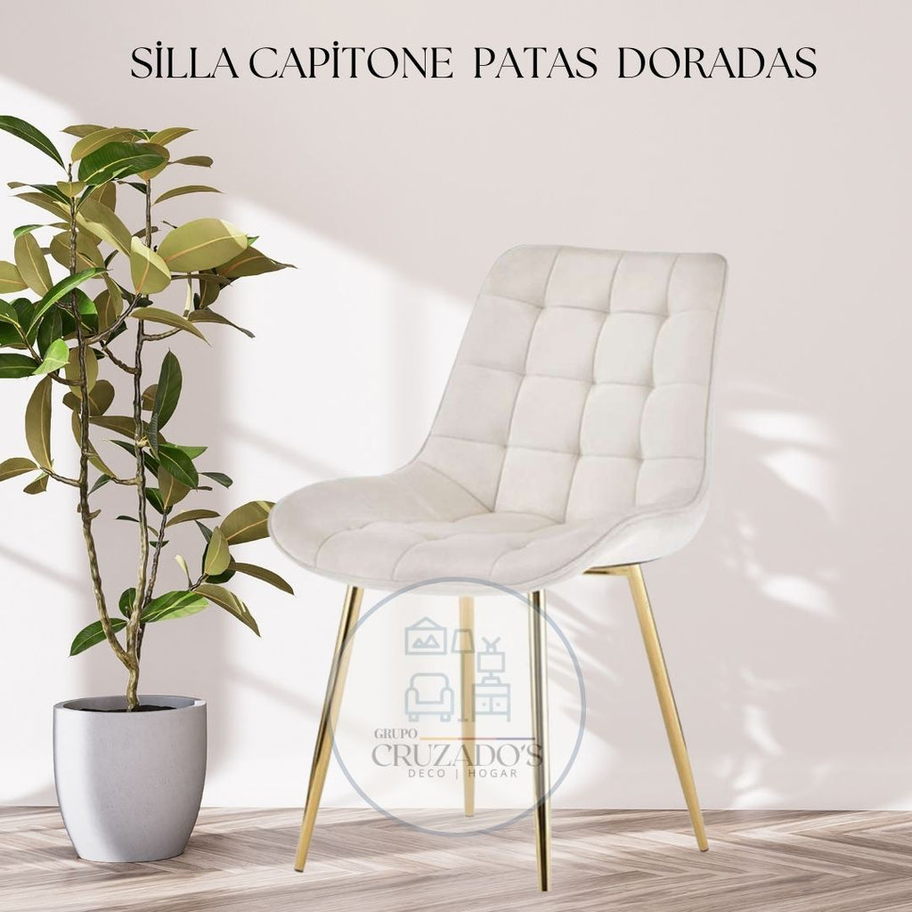 Mesa Dorada 130x80cm + Silla Capitoné  Patas Dorada