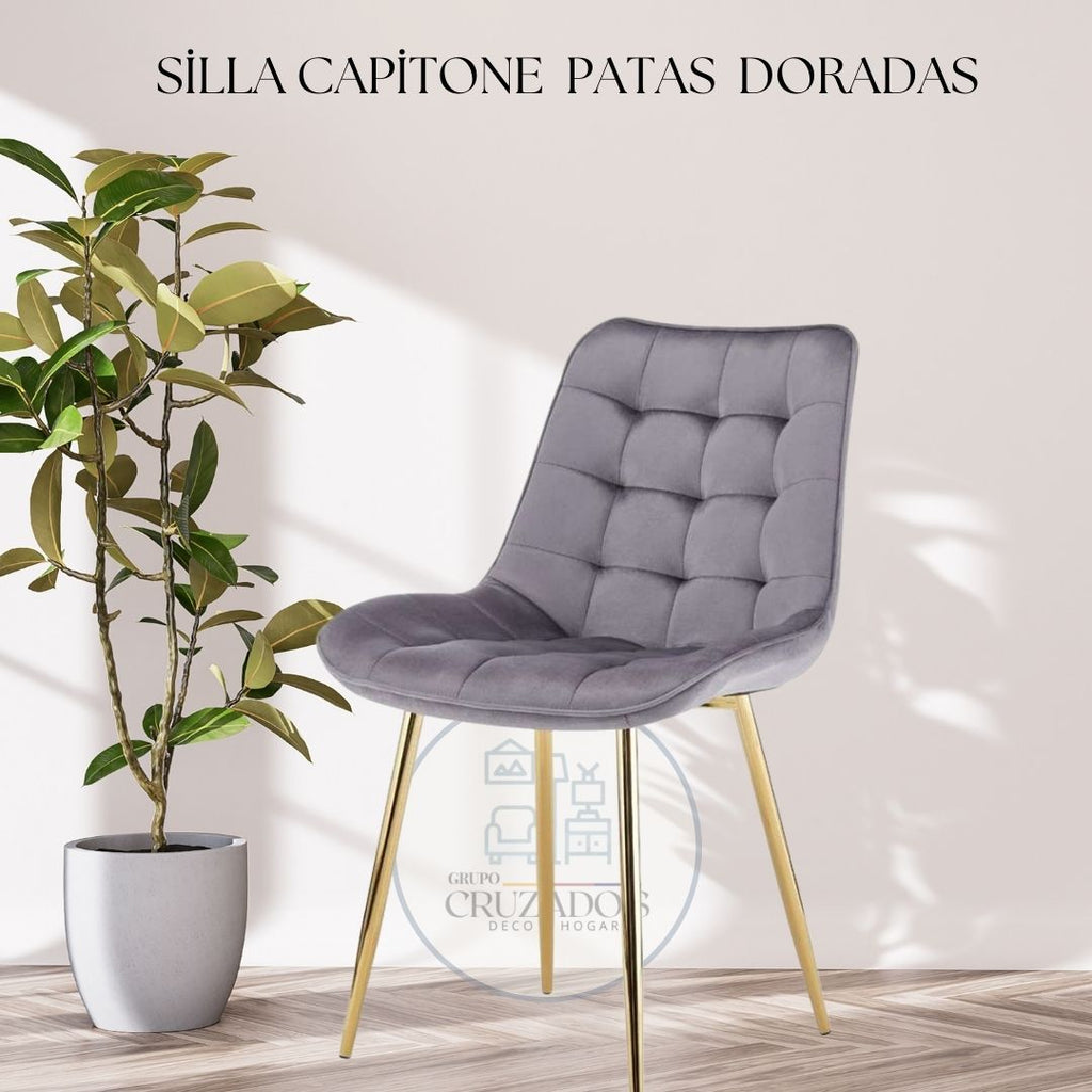 Mesa Dorada 140x90cm + Silla Capitoné  Patas Dorada